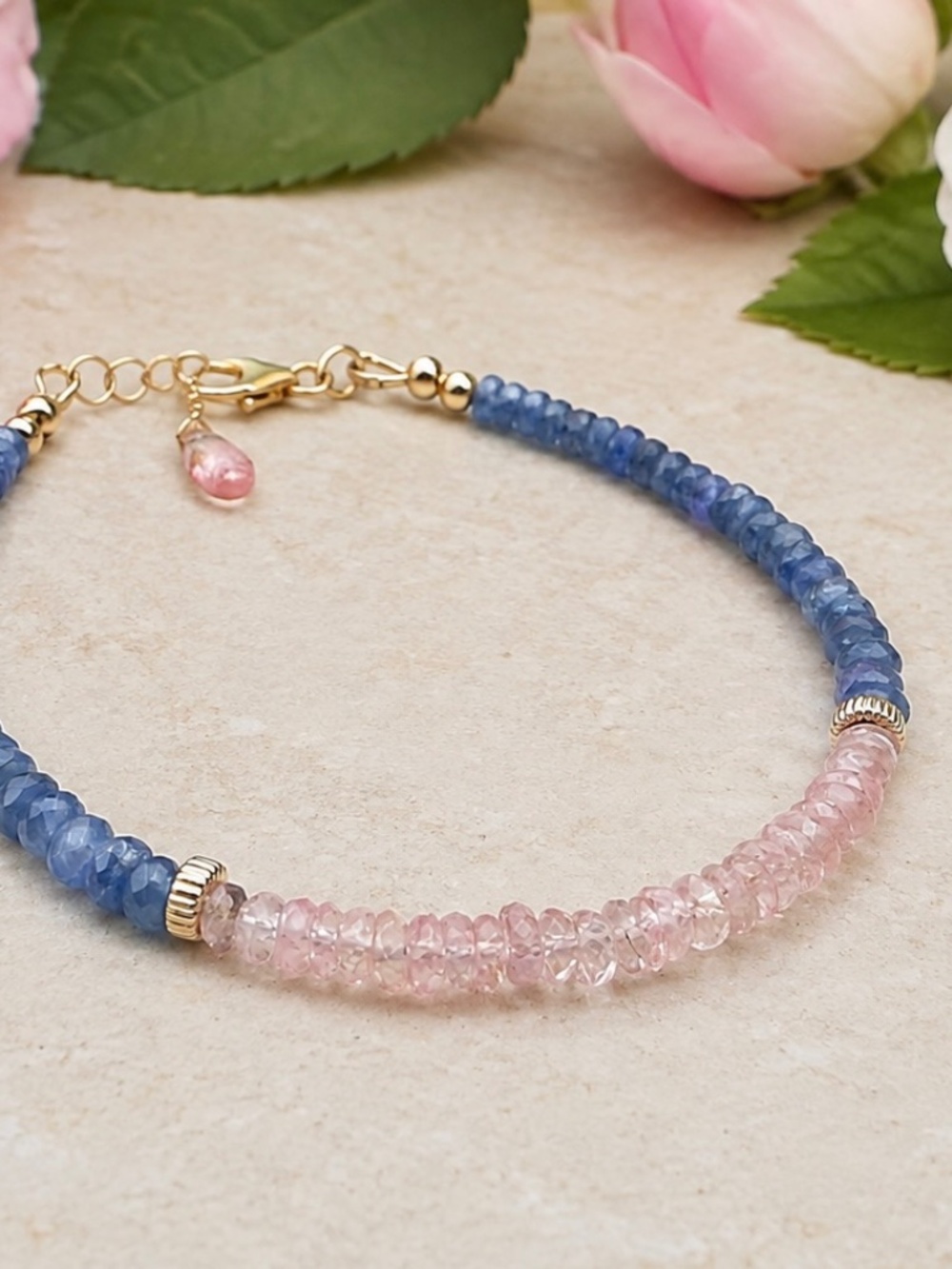 New Handmade Solid 14K Gold Natural Blue Pink Sapphire Bracelet 7.3"